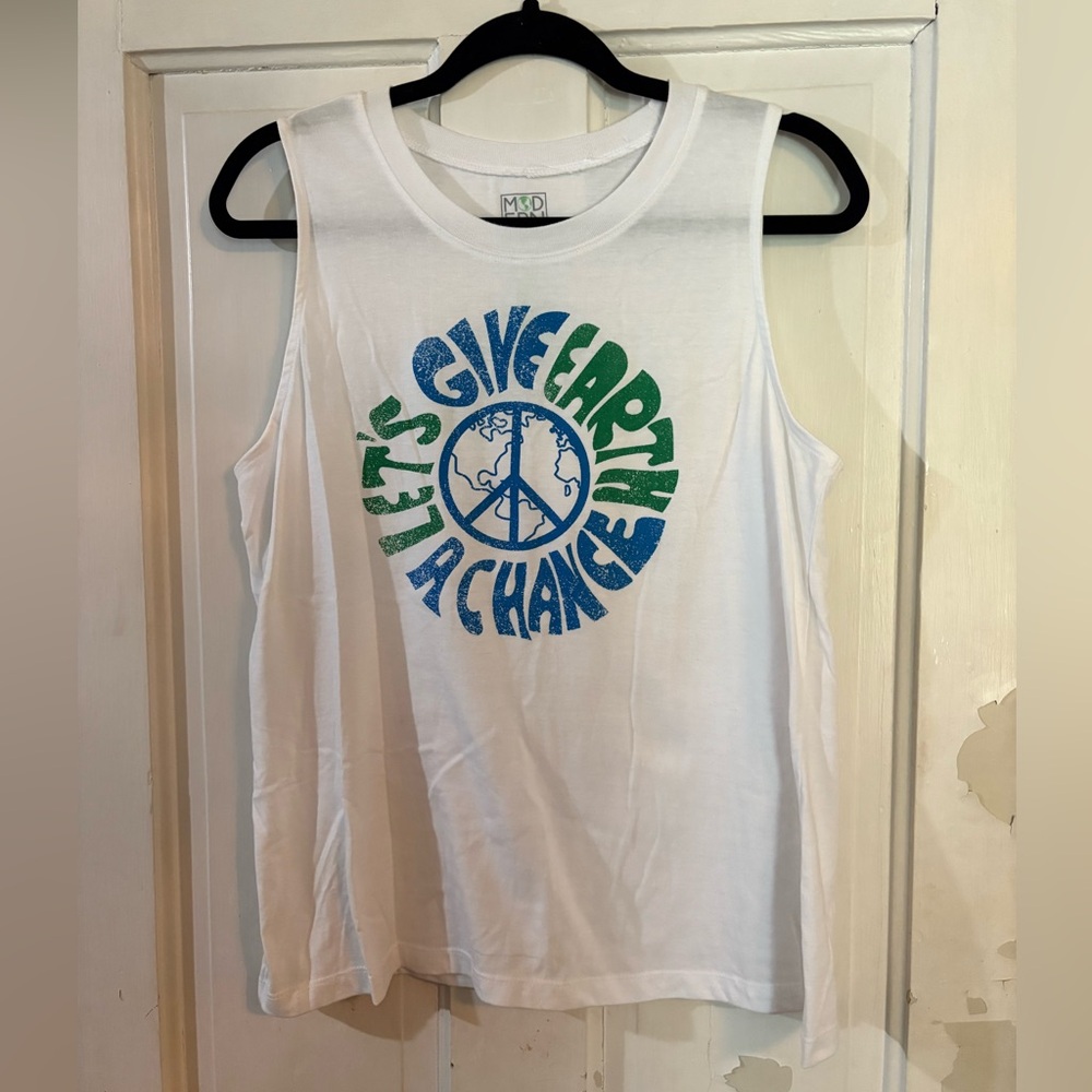 Modern Lux White Tank Top with Blue and Green Save The Earth Earth Print XL